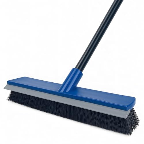 16 Inch Push Broom Outdoor 2 in 1 with Rubber Squeegee and Stiff Bristle Deck Brush 58" Long Handle for Deck Patio Garage Warehouse Driveway Concrete Floor Cleaning Scrubbing(Blue)