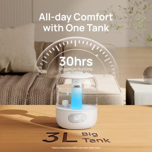 DREO Humidifiers for Bedroom, 3L Top Fill 30H & 26dB Quiet Runtime for Large Room, Cool Mist Ultrasonic Humidifier with Humidity Sensor, Night Light for Home, Baby, Nursery, Plants, New Edition 6