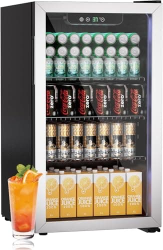 Erivess Compact Beverage Refrigerator,126 Can/3.2 Cubic Feet Fridge with Glass Door for Soda, Beer Under Counter Small Refrigerator with Adjustable Shelve & LED Display(Silver)