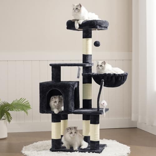 Heybly Cat Tree with Toy, Cat Tower Condo for Indoor Cats, Cat House with Padded Plush Perch, Cozy Hammock and Sisal Scratching Posts, Smoky Gray HCT004SG 8