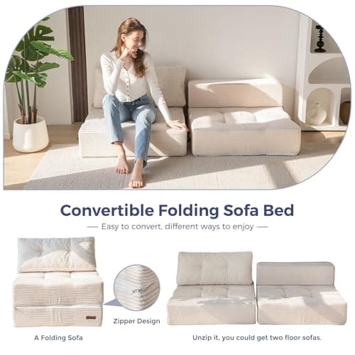 MAXYOYO Folding Sofa Bed, Convertible Sofa Bed with High-Density Support Foam, Portable 4 in 1 Fold Out Chair to Floor Lounger, Versatile Floor Couch for Living Room Bedroom, Beige 6