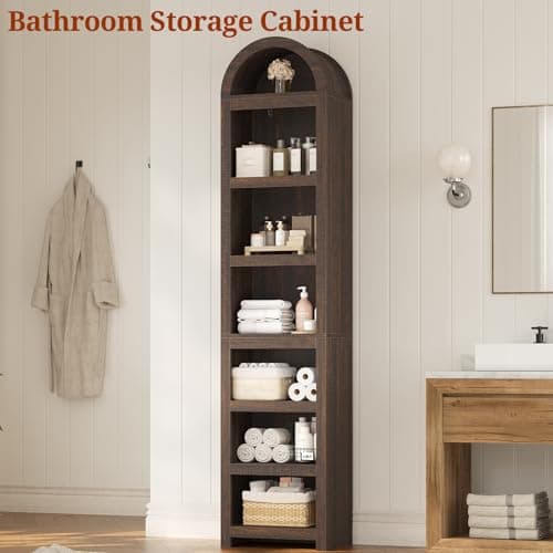 UPOSOJA 76" Tall Narrow Arched Bookcase,7-Teir Mid-Century Modern Bookshelf,Adjustable Shelves offering More Storage Space for Living Room,Kitchen,Home Office,Walnut 6