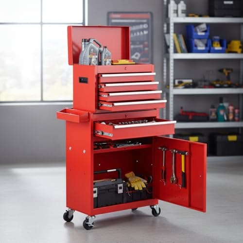 Dawmilon 5-Drawer Rolling Tool Chest with Wheels - High Capacity Tool Cabinet with Detachable Top Toolbox for Garage and Workshop Organization - Metal Tool Cart with Liner & 4 Hooks, Red