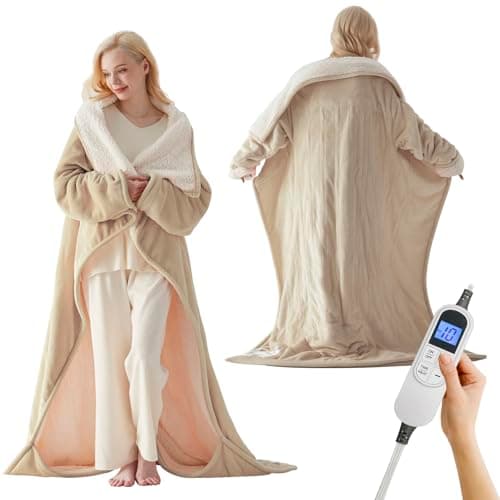 Richtry Electric Blanket Wearable with Foot Pockets & Sleeves, Electric Heated Snuggle Blanket, Flannel & Sherpa Heating Throw with 10 Heat Settings, 1-12 Hours Auto Shut-Off, 50"×70", Beige
