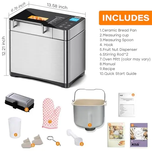 KBS Pro 710W 2LB Bread Maker, Stainless Steel 17-in-1 Smart Bread Machine with Healthy Ceramic Pan, Automatic Nut Dispenser, Tempered Glass Touch Panel, 3 Crust Colors, 15H Timer& Keep-Warm, Recipes 9