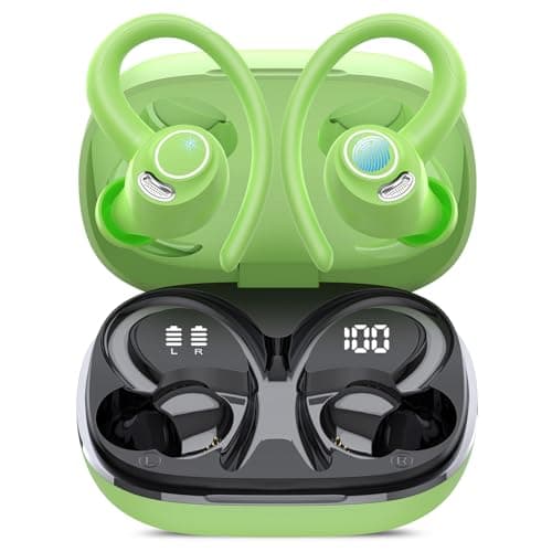Wireless Earbuds, Bluetooth 5.4 Headphones Sport, Over Ear Buds With ENC Noise Cancelling Mic, 48H, Wireless Earphone With Earhooks, Stereo Deep Bass, IP7 Waterproof ear bud for Workout Running, Green