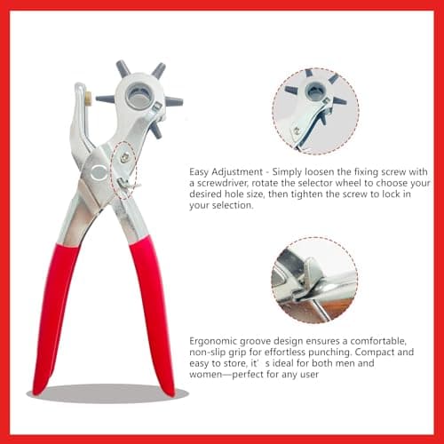 Adorox Heavy Duty Belt Hole Puncher for Leather – 6 Size Revolving Leather Hole Punch Tool with Ruler & Deburring File, Perfect for Straps, Belts, DIY Leathercraft, and Repair 6