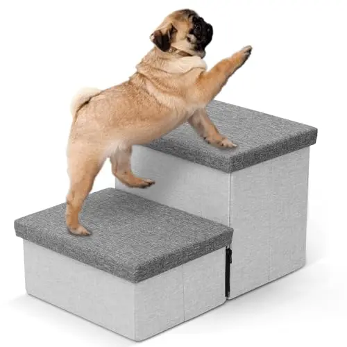 Dog Stairs with Storage, Foldable Dog Steps for Small Dogs, 2 Tiers Non-Slip Pet Stairs for High Beds Or Couch and Sofa, Hold up to 50 lbs Pet Doggy Cat