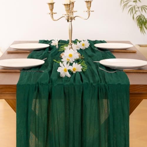 Socomi Emerald Green Cheesecloth Table Runner Easter Spring Boho Rustic Gauze 120 inch 10FT Cheese Cloth Runner for Wedding Party Baby Shower Birthday Home Decor Holiday Decorations 5