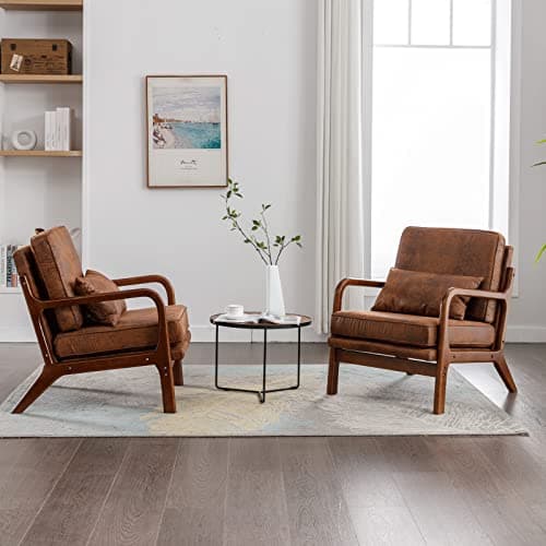 Mid Century Modern Accent Chair Set of 2 Living Room- Comfy Solid Wood Arm Chair with Lumber Pillow Lounge Decorative Brown Leather Office Side Chair Bedroom Reading Nook Sillas De Sala Microfiber 6