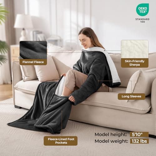 Kozyus Wearable Heated Blanket with Foot Pocket & Sleeves, Electric Blanket Heated Robe for Women & Men, 5 Heat Settings, 3H Auto-Off, Machine Washable, ETL Certified, Gift-Ready, 50x70 Inches, Grey 4