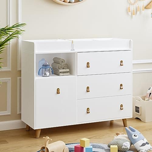 DAWNSPACES Baby Changing Table Dresser for Infants, Nursery Dresser Chest with Drawers, Storage Changing Station, White