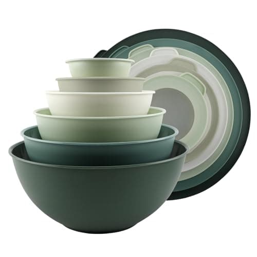 COOK WITH COLOR Mixing Bowls with TPR Lids - 12 Piece Plastic Nesting Bowls Set includes 6 Prep Bowls and 6 Lids - Microwave Safe (Sage)