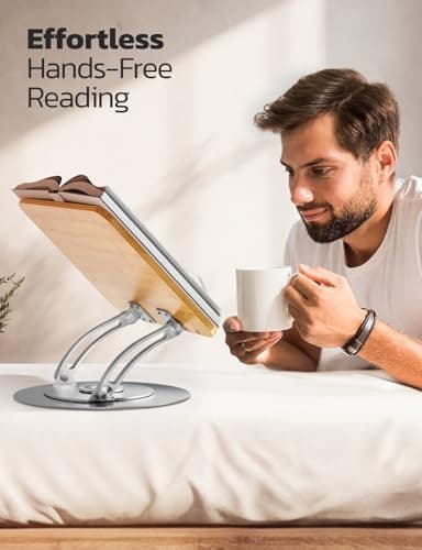 Nulaxy Bamboo 360 Rotating Book Stand for Reading, Adjustable Textbook Holder for Reading, Foldable Desktop Cookbook Stand with Protective Page Clips, Fits All Books - Silver 6
