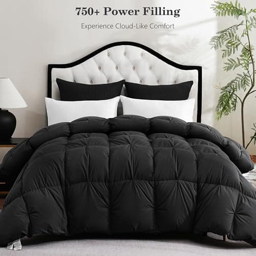 KAKABELL Pinch Pleat Goose Down Feather Fiber Comforter Full/Queen Size, Breathable Fluffy Black Duvet Insert with Cotton Fabric, 750+Fill Power All Season Hotel-Quality Bed Comforter 90" x 90" 7