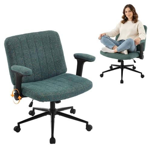 VINGLI Criss Cross Chair with Adjustable Flip-Up Arms,Cross Legged Chair with Wheels,Extra Wide Office Chair,Desk Chair for Home,Office,Vanity,Bedroom,Apartment,Starry Chenille,Dark Green
