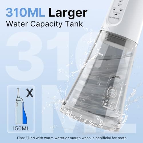 TUREWELL Water Dental Flosser for Teeth/Braces, 310 ML Portable Cordless Oral Irrigator with 5 Modes, IPX7 Waterproof Electric Water Flossing with 4 Replacement Jet Tips for Travel and Home, White 5
