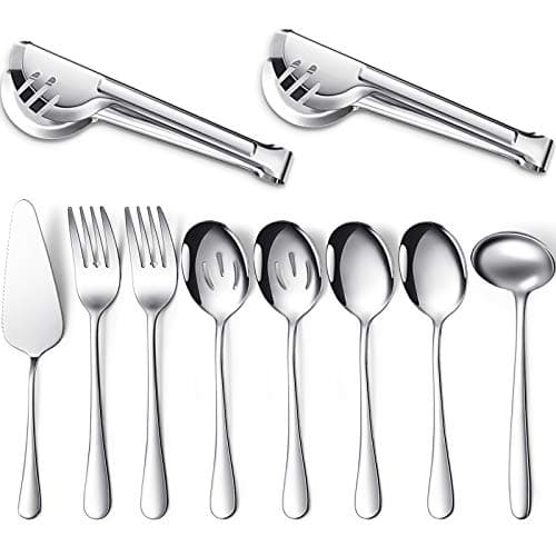 Patelai Serving Utensils Set Include Stainless Steel Large Spoons Slotted Spoons Forks Tongs Soup Ladle and Pie Server for Parties Buffet Catering, Dishwasher Safe(Silver,10 Pieces)