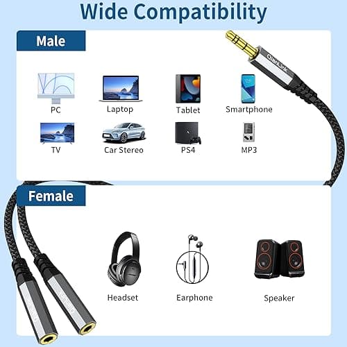QianLink Headphone Splitter, 3.5mm Male to 2 Female Ports, 1ft/0.30m Extension Cable for PS4, PS5, Xbox, Switch, PC Gaming Headsets, Phone, Tablet & More 6