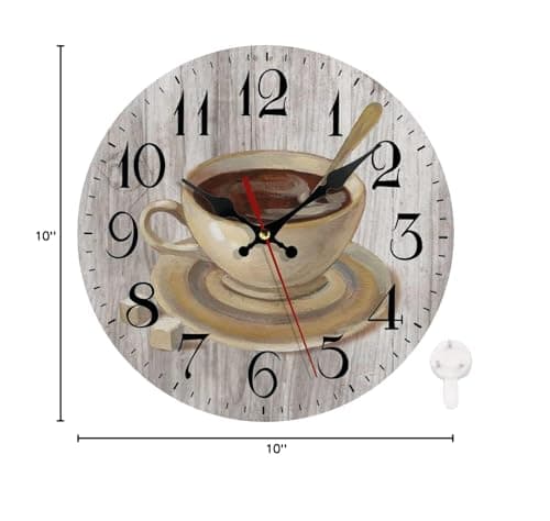 LOKMU Silent Non Ticking Clock 10 Inch, Round Wall Clock,Decorative for Living Room, Kitchen, Home,Bathroom, Bedroom, Office or School, Coffee Cup on Wooden 7