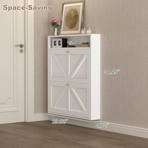 STEELIST Metal Shoe Cabinet with 2 Flip Drawers, White Freestanding Shoe Cabinet Organizer with Open Storage, Slim Narrow Shoe Organizer Cabinet for Entryway, Slim Entryway Storage Solution 2