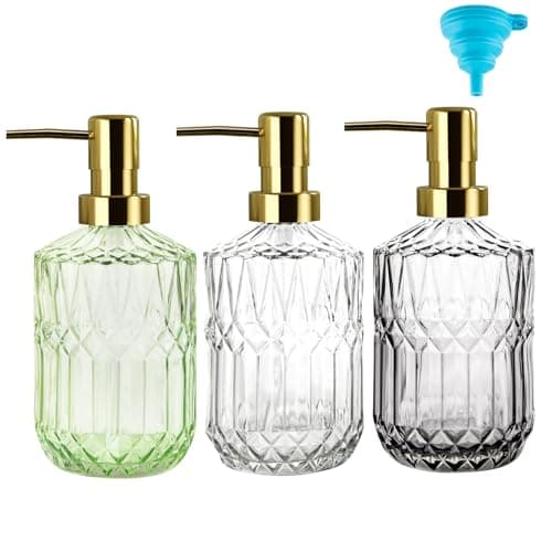 MAISONPEX 3 Pcs Glass Soap Dispenser Set, 12 Oz Glass Lotion Soap Bottle with Plastic Pump and Silicone Funnel, Lotion Dispensers for Kitchen, Bathroom