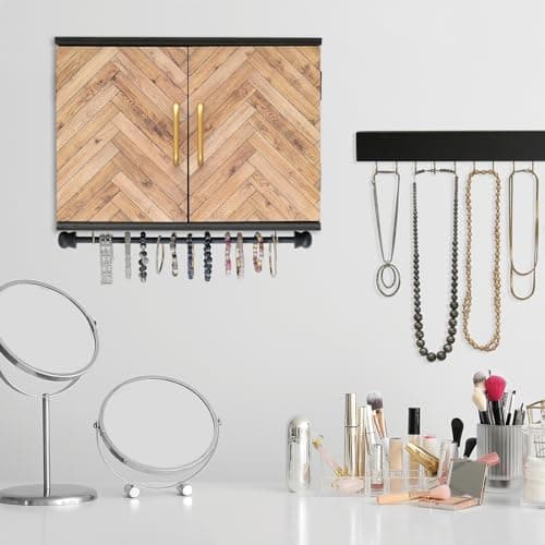 Wall Mounted Jewelry Organizer with Herringbone Wood Pattern. Jewelry holder for Necklaces, Earings, Bracelets, Ring Holder, and Accessories. Includes hooks for hanging jewelry - Black & Brown 8