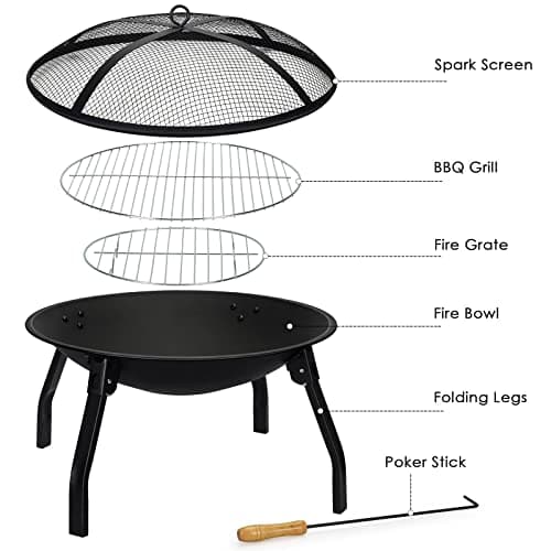 Cogesu Fire Pit, 22in Foldable Wood Burning Fire Pits for Outside, FirePit with Carry Bag, Spark Screen & Poker, Pack Grill, Folding Legs for Camping, Picnic, Bonfire 7