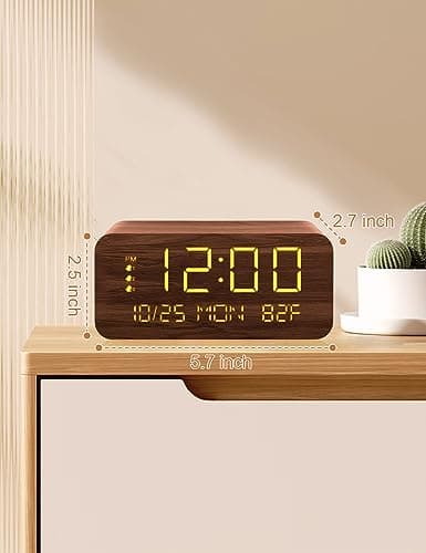 Digital Alarm Clock, with Wooden Electronic LED Time Display, 3 Alarm Settings, 10W Wireless charging, Day of the week, Temperature Detect, Wood Made Digital Clocks for Office, Bedroom, Bedside, Brown 7