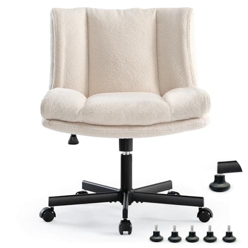 LEAGOO Criss Cross Chair with Wheels, Furry Armless Desk Chair, Comfy Wide Seat Cross Legged Office Chair, Stylish Height Adjustable Cute Swivel Vanity Chair for Home Office, Make Up, Cream White