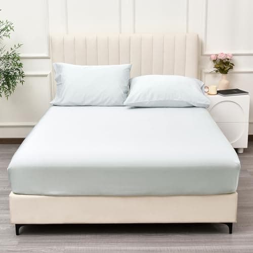 PHF 100% Rayon Derived from Bamboo Fitted Sheet Twin Size, 16" Deep Pocket,2.5cm Wider Strong Elastic Easy Fit, Breathable Silky Soft Skin-Friendly for Hot Sleeper, 39"x 75", Ice Blue, No Pillowcase