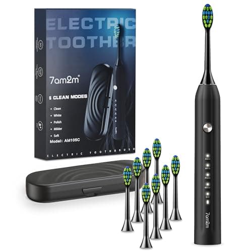7AM2M Sonic Electric Toothbrush for Adults and Kids, with 8 Brush Heads and Travel Case,5 Modes with 2 Minutes Built in Smart Timer, One Charge Use for 90 Days, Rechargeable Toothbrushes(Black)