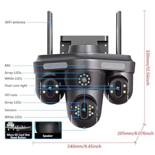4MP Pan/Tilt Security Camera Triangle 3 Lens Camera Outdoor WiFi,Plug-in Cable Auto Tracking, Human Detection, Light Alarm, Color Night Vision, 2.4G WiFi,SD card Slot with TF64G Card 9
