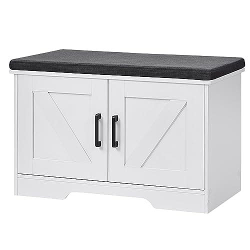 HOMSHO 2-Tier Storage Bench, 27.6" Wide Shoe Bench with Padded Seat Cushion, Entryway Bench with 2 Barn Doors and Adjustable Shelf, White