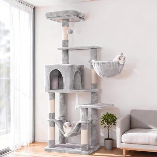 Hey-brother Cat Tree with Large Hammock, Multi-Level Cat Tower for Indoor Cats, Cat Condo with Sisal-Covered Scratching Posts and Top Perch, Light Gray MPJ050W