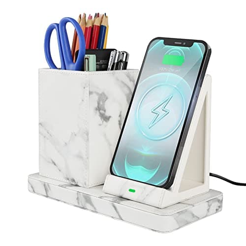 Wireless Charger with Desk Organizer, Wireless Charging Station for iPhone 13/13 Pro Max/13 Pro/12 Series/11/XS Max/XR/X/8Plus/SE 2, Wireless Charging Stand with Leather… (Marble)