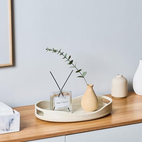 Beige Travertine Marble Serving Tray with Handles - 14x10 inches, Beaded Oval Decorative Tray, Countertop Ottoman Tray for Vanity, Living Room Entryway Table, Perfume Candle Display 8