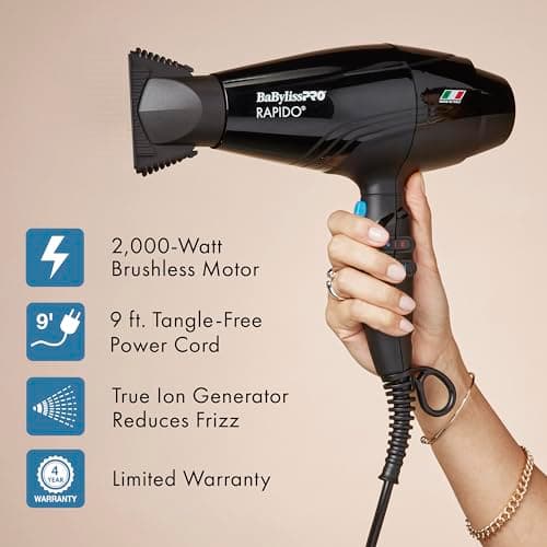 BaBylissPRO Hair Dryer, Nano Titanium Rapido 2000-Watt Blow Dryer, Hair Styling & Appliances, Black, BRAP1 9