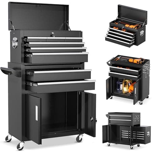 INTERGREAT 8-Drawers Rolling Tool Chest, Assembled Tool Chest with Wheels, Detachable Top Tool Box, Tool Cabinet for Repair Room,Warehouse, Rolling Tool Box with Hooks,Tray Divider,Liners(Black)