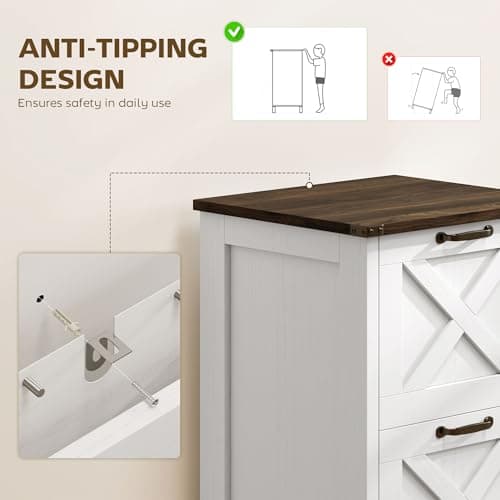HOMCOM 2 Drawer Vertical File Cabinet with Silent Slides, Rustic Farmhouse Filing Cabinet with Barn Doors for A4/Letter Size, Printer Stand with Storage for Home Office, Distressed White 8