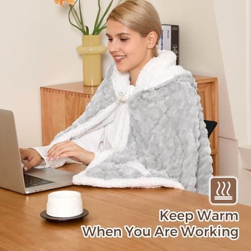 Electric Blanket Heated Throw, Soft Flannel & Sherpa Wearable Heated Blanket Hoodie, Heated Shawl Wraps for Gift with 6 Heating Levels & 12H Auto Off, ETL Certified, Home Office 40x70 Inch, Grey Plaid 5
