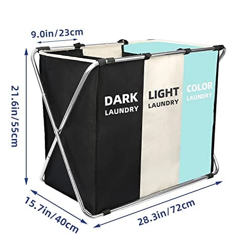 3 Section Laundry Basket Sorter, Divided Laundry Hamper with Anti-slip Strap, 180L Large Capacity Bag Storage Organizer in Laundry Room Bathroom Closet for Dirty Cloth, 15.7 x 21.6 x 28.3 Inch (Green) 8