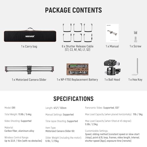 NEEWER 47.2"/120cm Motorized Camera Slider, App Wireless Control DSLR Carbon Fiber Dolly Rail Slider with 4400mAh F750 Battery (Charger Not Included), Support Video Mode, Time Lapse Photography, ER1 7
