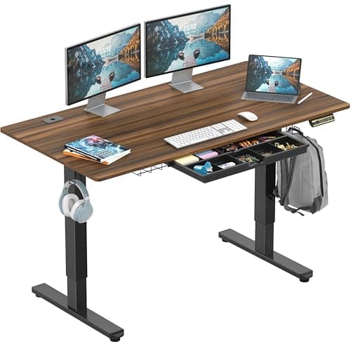 SHW 55 x 28 Inches Electric Height Adjustable Standing Desk with Drawer and Memory Preset, Walnut