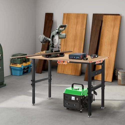 48" Adjustable Work Bench Garage Workbench with Power Outlets, 2200 Lbs Capacity Hardwood Top Work Bench Table Heavy-Duty Workbench for Garage, Workshop, Office, Home 6