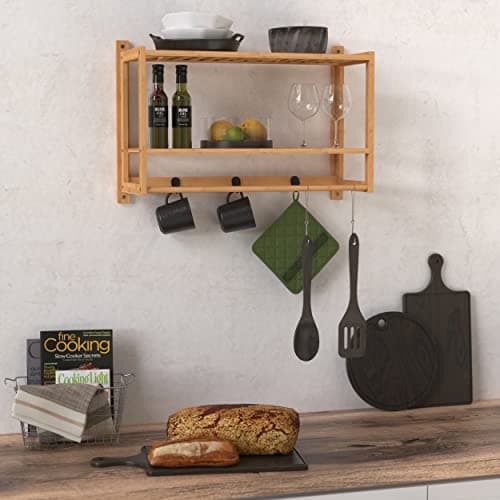ClosetMaid Bamboo Wall Shelf with Towel Bar, 3 Hooks, Wall Mount Storage Shelves, 2 Tier, Organizer Rack, Natural Finish 6