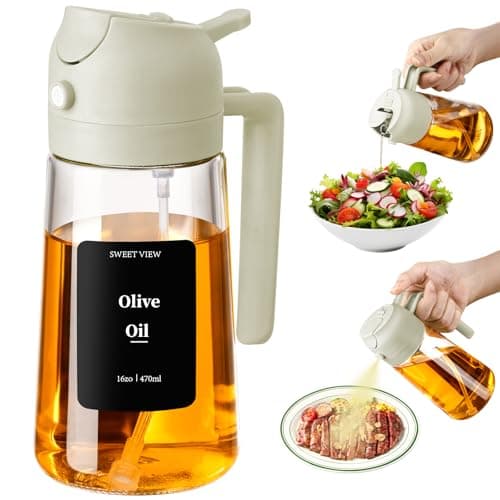 SWEET VIEW 16oz/470ml Oil Dispenser and Oil Sprayer, Glass Olive Oil Pourer for Kitchen, Air Fryer, Cooking, Salad, BBQ (White)