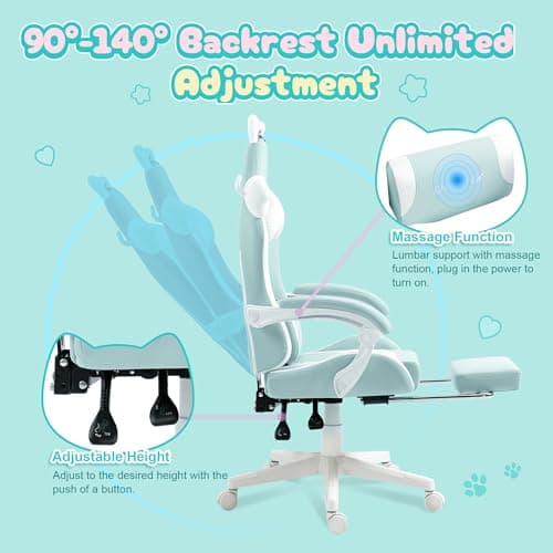 Dowinx Gaming Chair Cute with Cat Ears and Massage Lumbar Support, Ergonomic Computer Chair for Girl with Footrest and Headrest, Comfortable Reclining Game Chair 290lbs for Adult, Teen, Blue Green 5