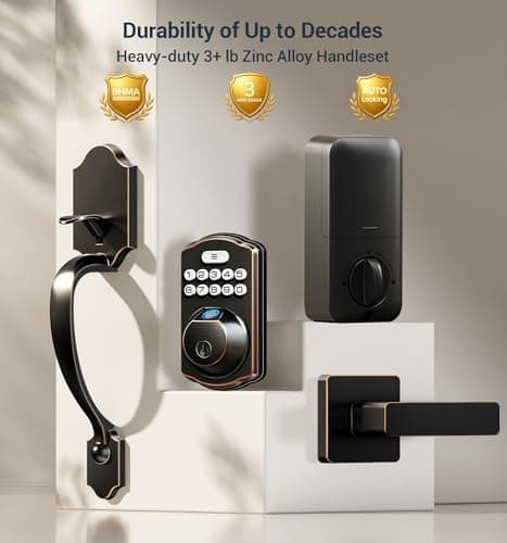 Veise Fingerprint Door Lock Set, Keyless Entry Door Lock, Front Handle Set, Electronic Keypad Deadbolt with Lever Handle, 2 Keys, Auto-Locking, One-time Codes, Easy to Install, Oil Rubbed Bronze 6