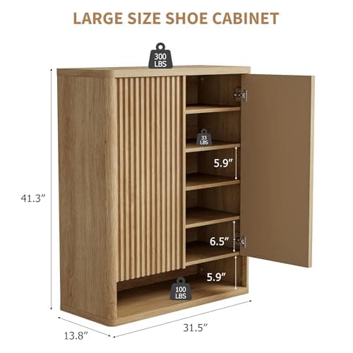 Garvee 31.5 Inch Shoe Cabinet, Large Shoe Storage Cabinet with Adjustable Shelves, Wooden Shoe Organizer with Fluted Door Holds 25–30 Pairs for Entryway & Living Room, Natural Wood 2